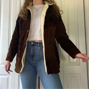 VINTAGE GENUINE LEATHER COAT JACKET GAP SIZE LARGE BROWN CREAM WHITE SHERPA